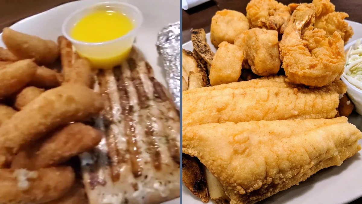 Plates of fried seafood on white dishes.