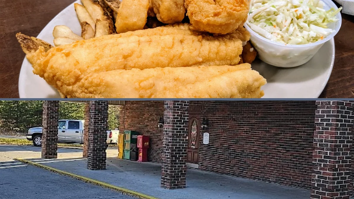 Golden hushpuppies beside seafood platters.